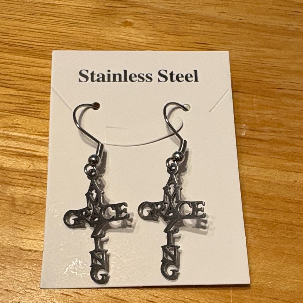 Stainless Steel 'Amazing Grace' Cross Dangle Earrings - Silver